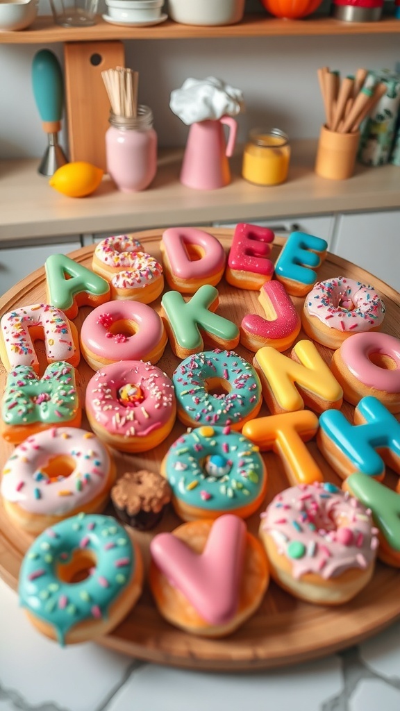 A variety of colorful alphabet donuts decorated with icing and sprinkles on a wooden platter.